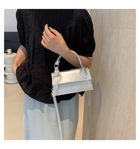 Vue détaillée du petit sac carré bandoulière avec poignée et lettrage en métal chic