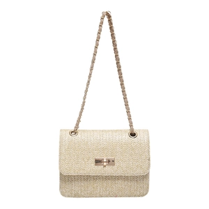Sac bandoulière beige tissé chic avec texture en V et bandoulière chaîne dorée