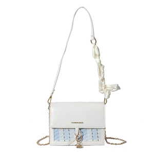 Blue and white tweed chain shoulder bag with silk scarf and gold ring pendant