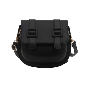 Classic black saddle bag with matte faux leather and gold metal buckle on white background