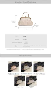 Detailed size chart of vintage floral silk kiss-lock clutch with chain strap specs