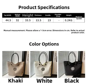 Size chart showing large canvas tote bag dimensions and available color options