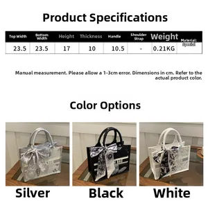 Size guide for embroidered tote bag featuring dimensions 23.5x17x10cm and scarf handle
