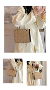 Close-up of woven straw texture and gold chain strap on minimalist shoulder tote bag
