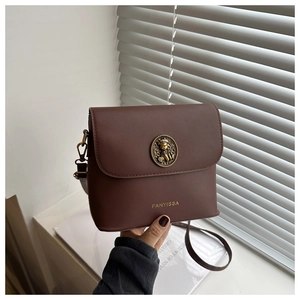 Detailed shot of dark brown crossbody bag featuring golden embossed vintage hardware