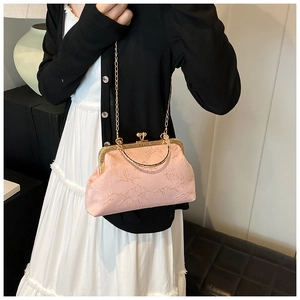 Pink Chinese style embroidery handbag with floral jacquard and gold chain detail