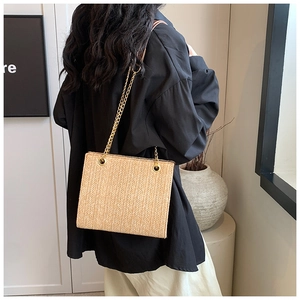 Detailed back view of a woven straw tote bag with gold chain strap on a model