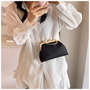 Detail of vintage black embroidery kiss-lock bag with gold frame and chain strap