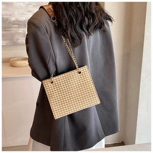 Detail of checkered woven shoulder bag with gold chain strap shown on model back