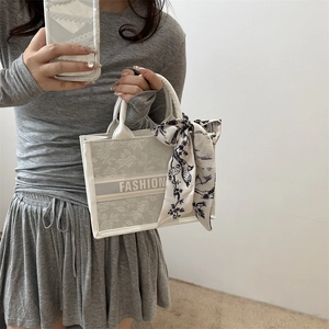 Elegant floral jacquard tote bag in beige and grey with fashion strap and silk scarf