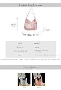 Detailed dimensions and specs of the colorful striped canvas tote bag in pink and blue