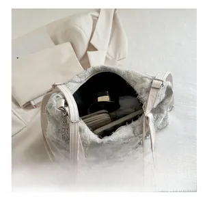 Detailed interior of lace canvas tote bag showing large capacity for daily essentials