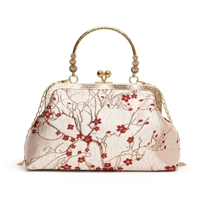 Vintage Chinese style embroidery handbag with red plum blossoms and gold metal clasp