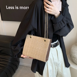 Chic woven shoulder bag with gold chain strap and brown leather trim for women