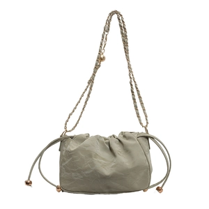 Chic light green ruched cloud bag with stylish gold chain strap and drawstring detail