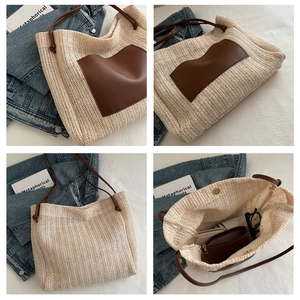 Four-panel view of a straw tote bag with brown leather pockets and large storage space