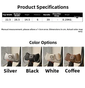 Size chart and color display for shoulder bag with rhinestone buckle and chain