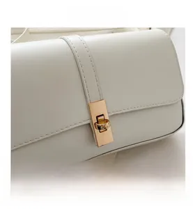 Gros plan détaillé d'un sac à main en cuir crème avec un fermoir doré rectangulaire