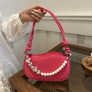 Women PU Leather Underarm Bag Fashion Heart Artificial Pearl Chain Small Hobo Shoulder Bag Elegant Commute Crossbody Purse Gift