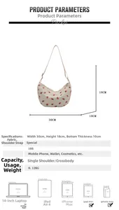 Detailed dimension guide for strawberry print corduroy dumpling bag with size parameters