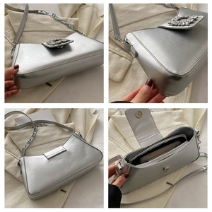 Detailed views of a silver metallic shoulder bag featuring a sparkling rhinestone buckle