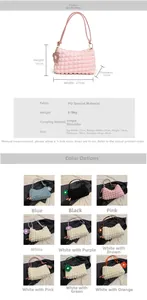 Detailed size specifications and 9 color variants of the puff textured PU shoulder bag