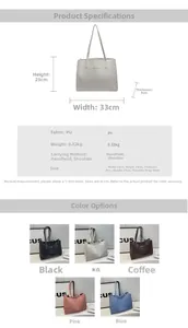 Detailed size chart for minimalist PU leather tote bag with product dimensions and weights