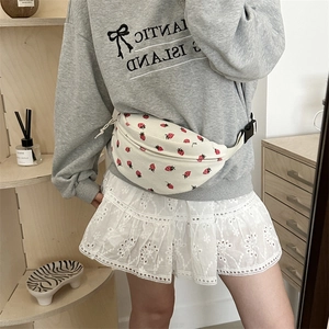 Japanese style white corduroy crossbody bag with strawberry print and adjustable strap
