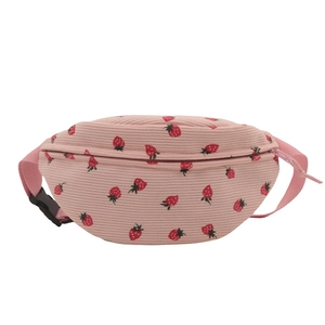 Pink corduroy crossbody bag featuring red strawberry patterns and adjustable strap