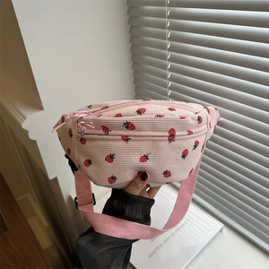 Strawberry Print Corduroy Waist Bag For Women Cute Casual Chest Bag With Adjustable Strap And Zipper Closure