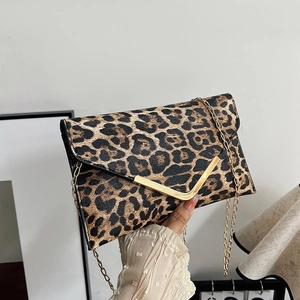 Leopard Print Crossbody Bag Women PU Leather Envelope Clutch With Gold V Metal Trim And Chain Strap Fashion Versatile