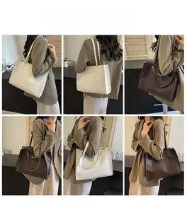 Detail shots of large cream and brown tote bags showing shoulder and hand-carry styles