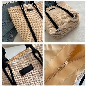 Detail shots of cream woven tote bag featuring black rope handles and inner zipper pocket