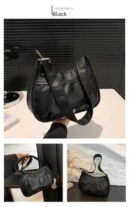 Three-way view of a black pleated leather underarm bag with an adjustable strap