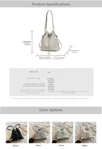 Detailed size specifications and color options for the pleated PU leather bucket backpack