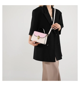 Close-up of pink and beige crossbody bag featuring a golden metal twist-lock and black handle