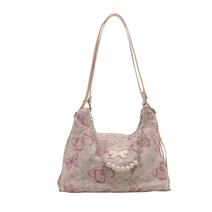 Chic butterfly print shoulder bag with pearl chain and silver butterfly buckle