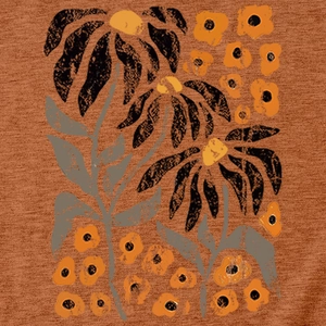Detail view of retro floral sunflower print on caramel colored knitted fabric texture