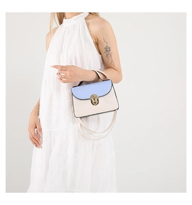 Detail of color-block flap bag with gold lock and thin strap held by a model