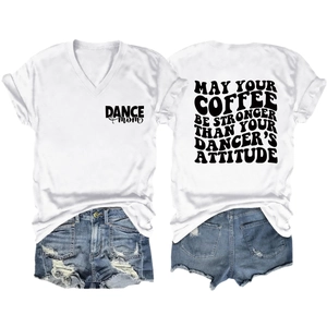 T-shirt blanc col V avec slogan noir, vue de face et de dos sur un plan à plat