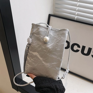 Women's Mini Mobile Phone Bag Chinese Style Crinkled PU Leather Crossbody Shoulder Bag With Artificial Pearl Tassel Small Bag