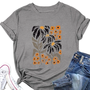 Close-up of vintage floral print on dark grey crew neck T-shirt with casual styling