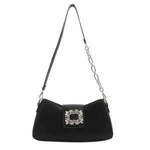 Elegant black underarm bag with crystal square buckle and silver chain strap details