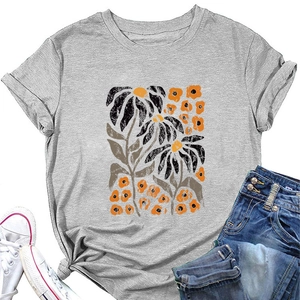 Flat lay of gray t-shirt with vintage floral print, casual round neck and rolled sleeves