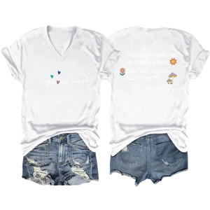Flat lay of white V-neck T-shirt with 'you are enough' print and frayed denim shorts