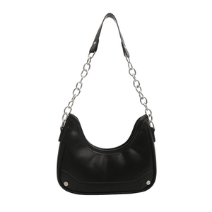 Minimalist black crescent moon underarm bag with silver chain strap and leather handle