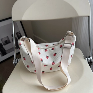 Corduroy Strawberry Print Crossbody Bag Sweet Crescent Shoulder Handbag With Adjustable Strap For Women And Girls