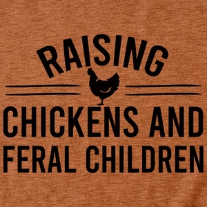 Detail of caramel knit T-shirt featuring Raising Chickens and Feral Children print
