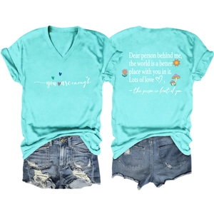 Detailed front and back views of light blue V-neck T-shirt with inspirational quotes