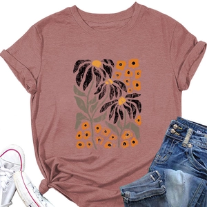 Detail of elegant floral print t-shirt in clay rose with front hem knot styling